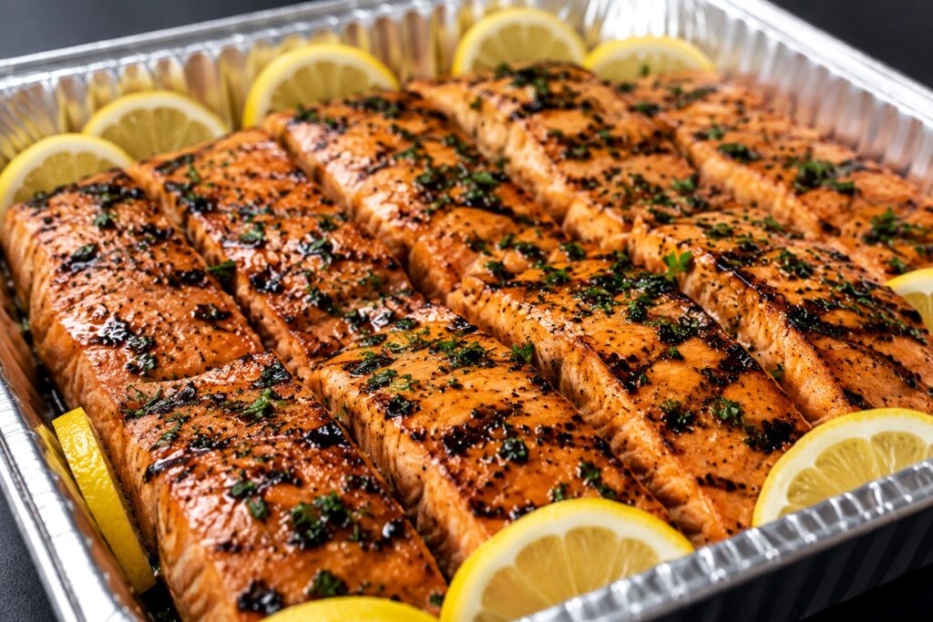 Blackened salmon catering tray with lemon slices
