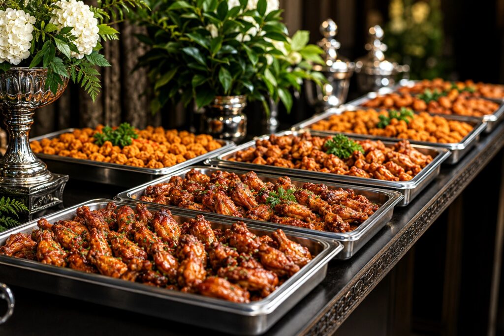 Trays of seasoned chicken wings arranged for a catered event