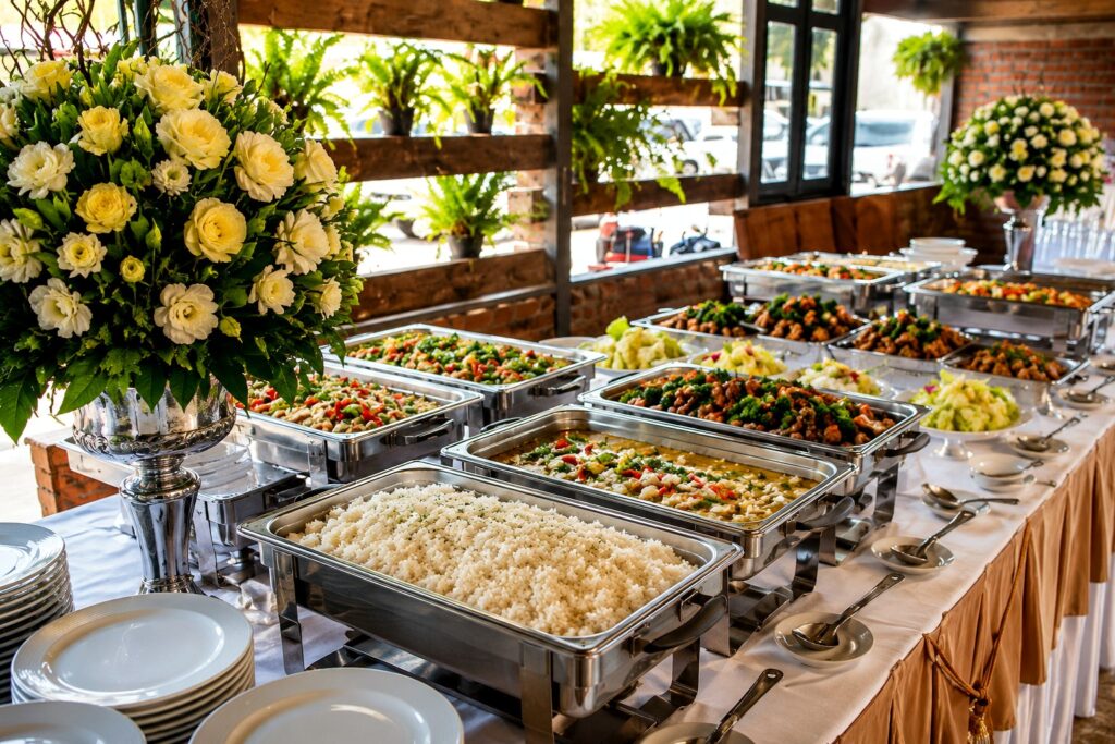 Formal event buffet with rice vegetables and catered entrees