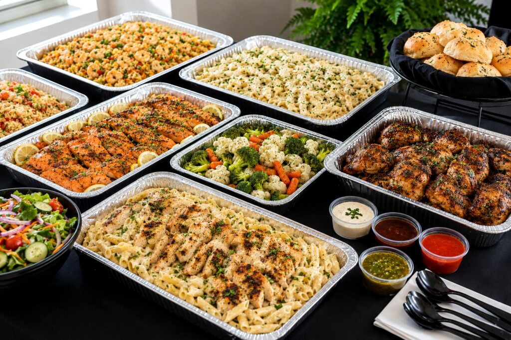 Full catering buffet with multiple prepared dishes and sides