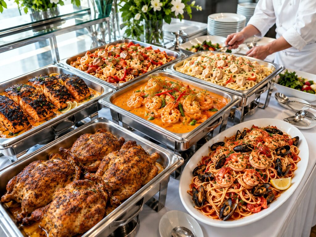 Full catering buffet with multiple prepared dishes and sides