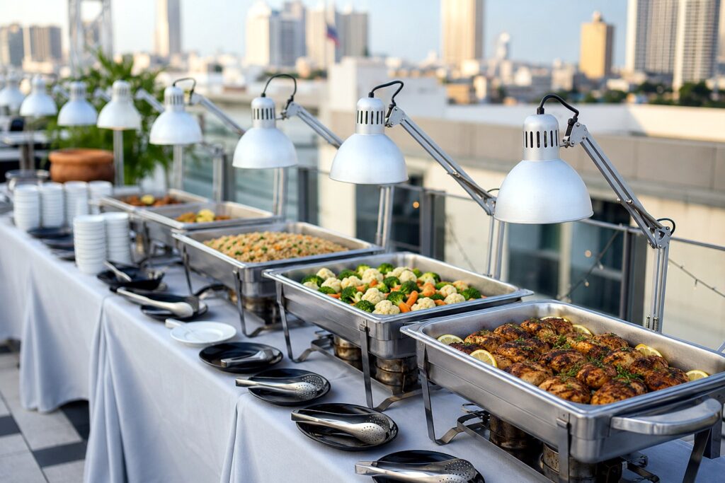 Rooftop catering buffet with chafing dishes and city skyline
