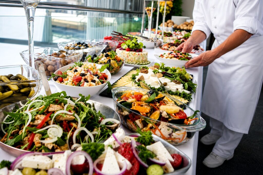 Catering professional arranging a fresh salad and antipasti buffet